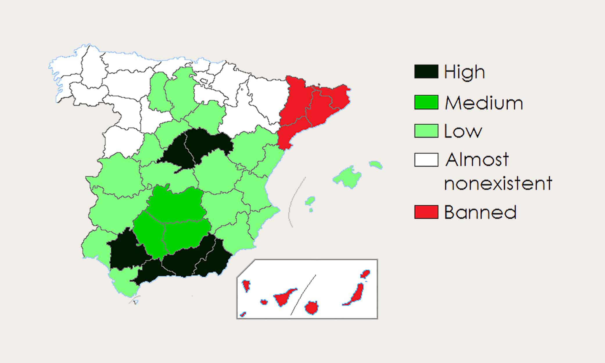 Bull-fighting in Spain by province. Notice it is marked as “banned” in Catalunya and Las Canarias.