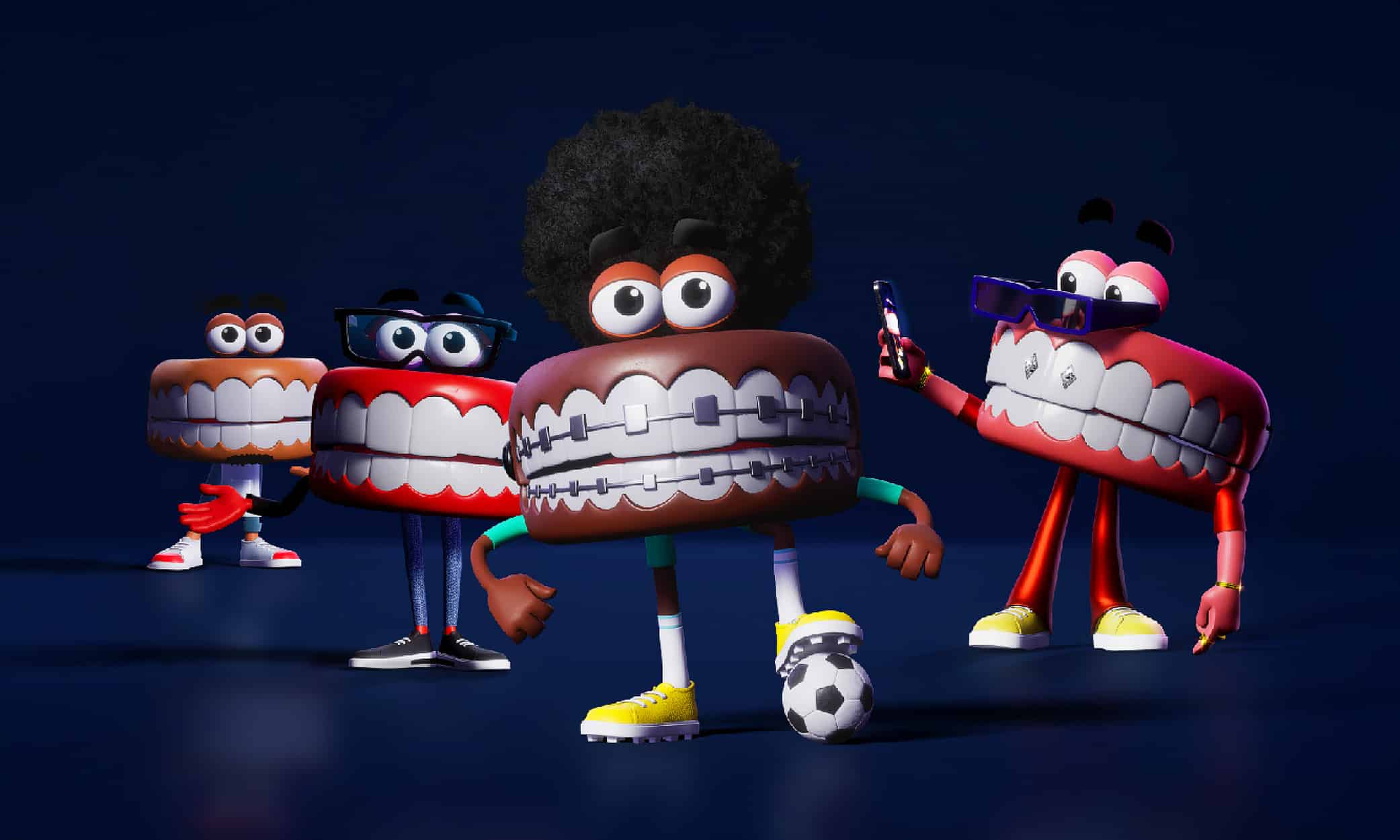 3D animated smiling teeth characters with eyes and legs, symbolising language and culture for free Catalan courses.