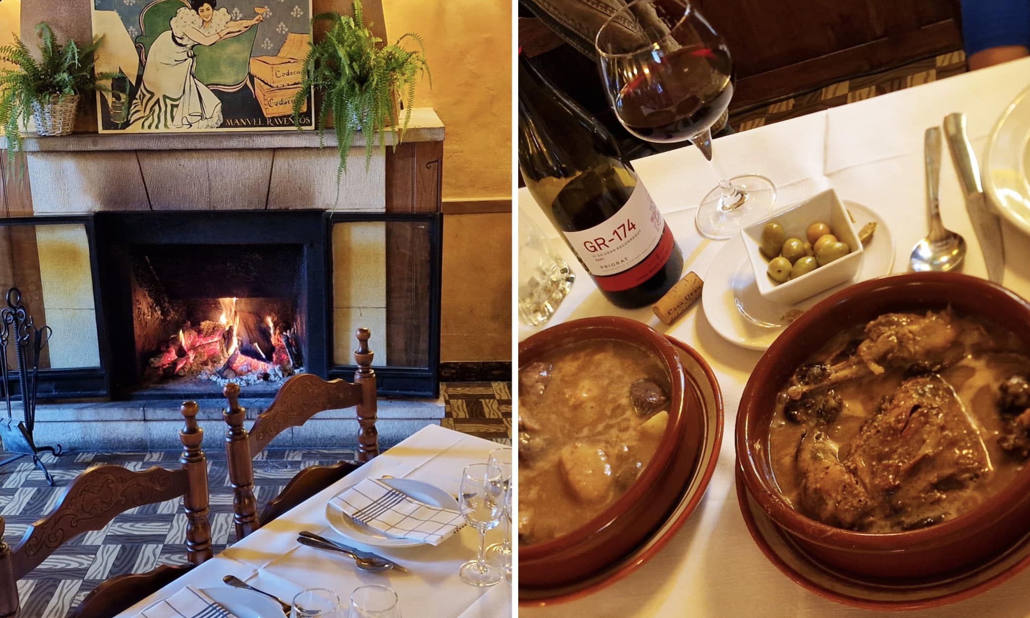 Delicious wild boar stew in Bonay Restaurant accompanied by a fine Catalan Priorat and an open fire