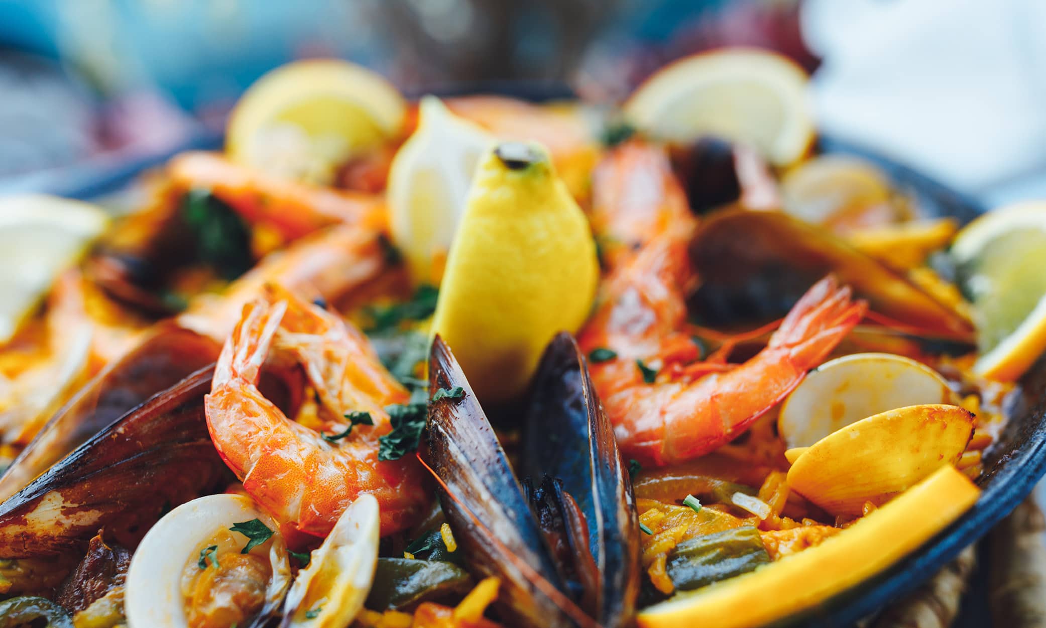 Delicious Paella con Mariscos, or seafood paella on La Costa Brava