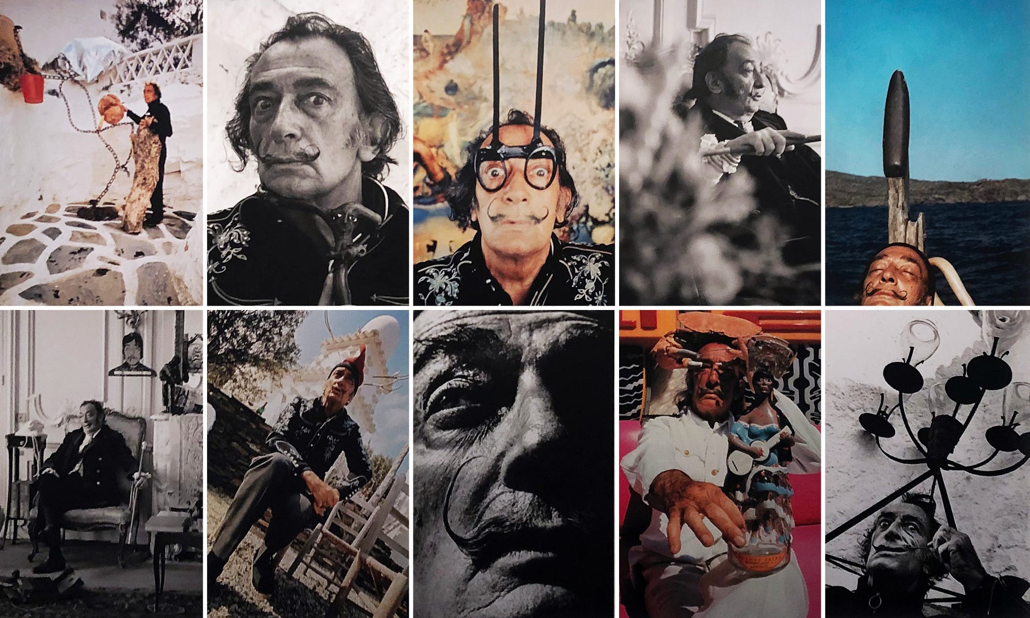 njoy costa brava dali life photos teatre museu figueres Collage of Salvador Dalí photos showing the surrealist artist’s eccentric life at Teatre-Museu Dalí in Figueres.