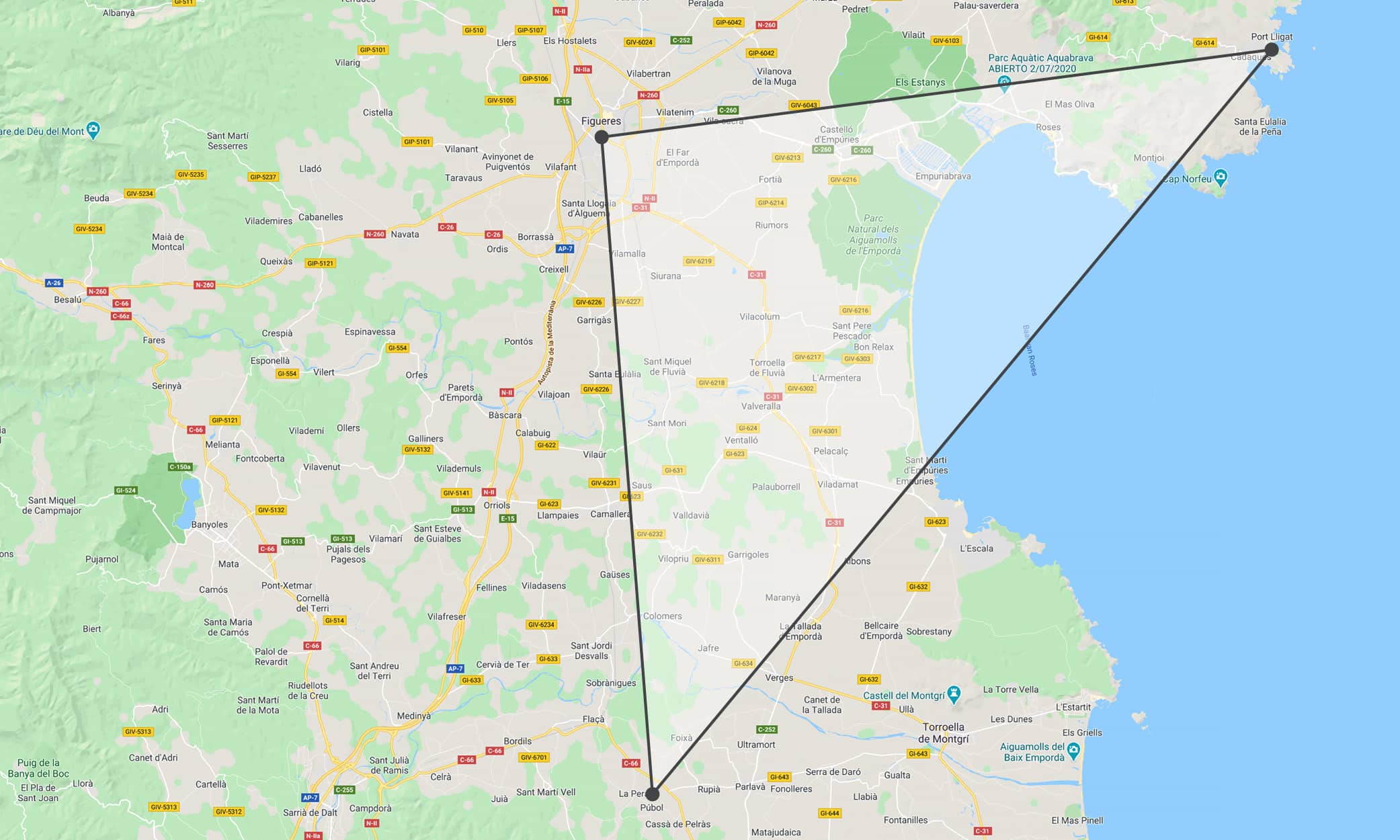 Map of the Dalinian Triangle showing Púbol, Portlligat and Figueres in Catalunya on La Costa Brava.