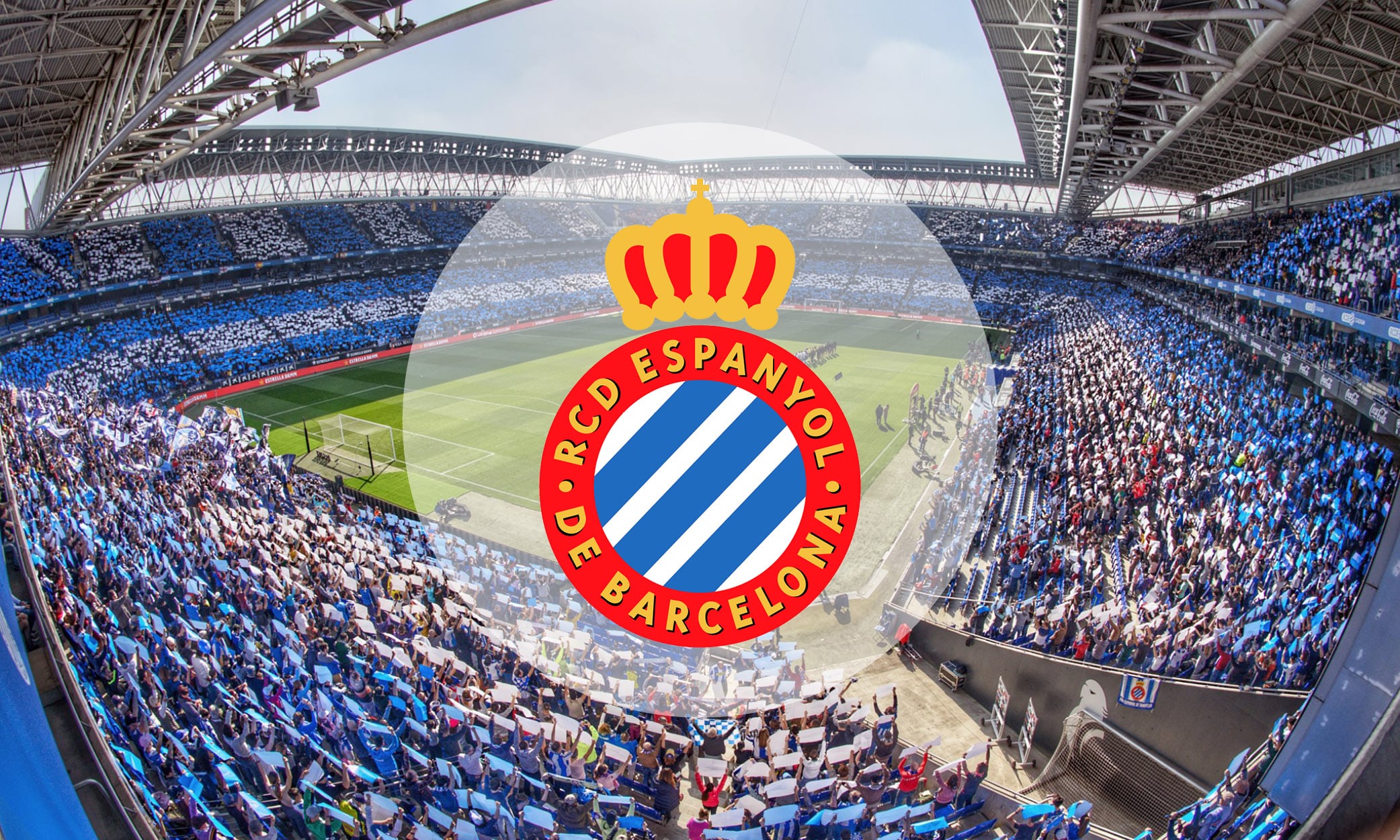 A packed RCDE Stadium in Cornellà de Llobregat, home of RCD Espanyol, during a match day.