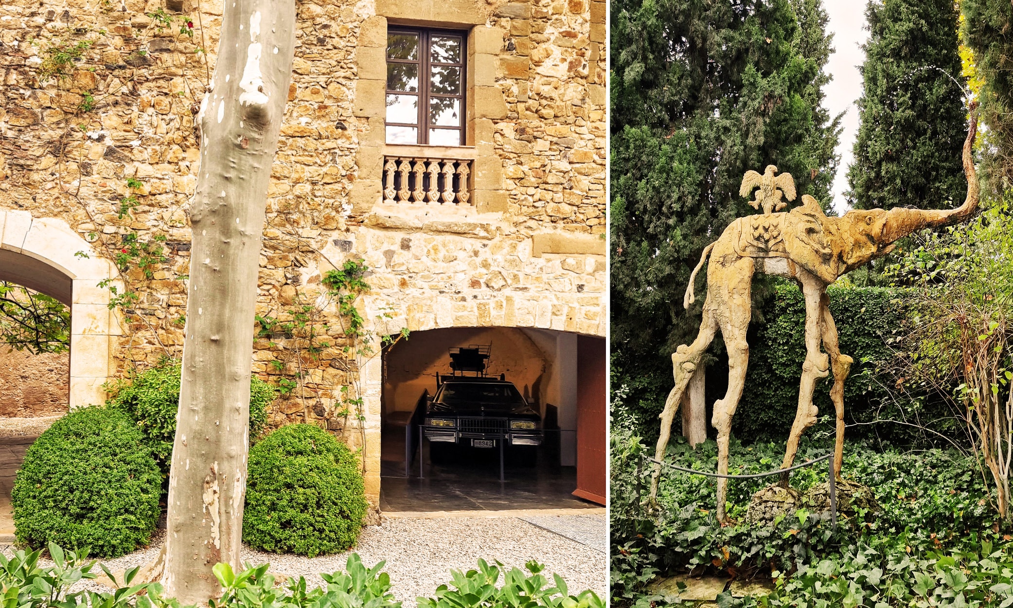 njoy costa brava pubol cadillac elephant A Cadillac in the garage and a surreal elephant sculpture in the garden of Púbol Castle.