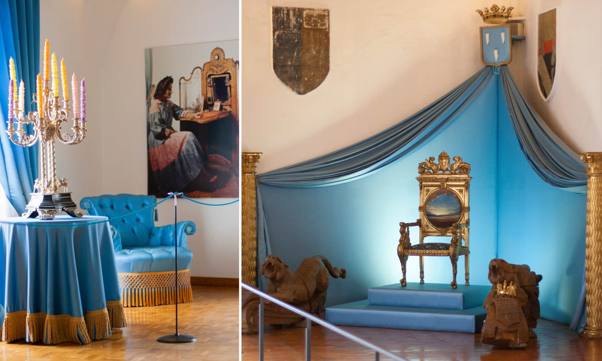 njoy costa brava pubol castle interior gala The interior of Púbol Castle with Gala’s ornate chair, blue drapery, and surreal decor.