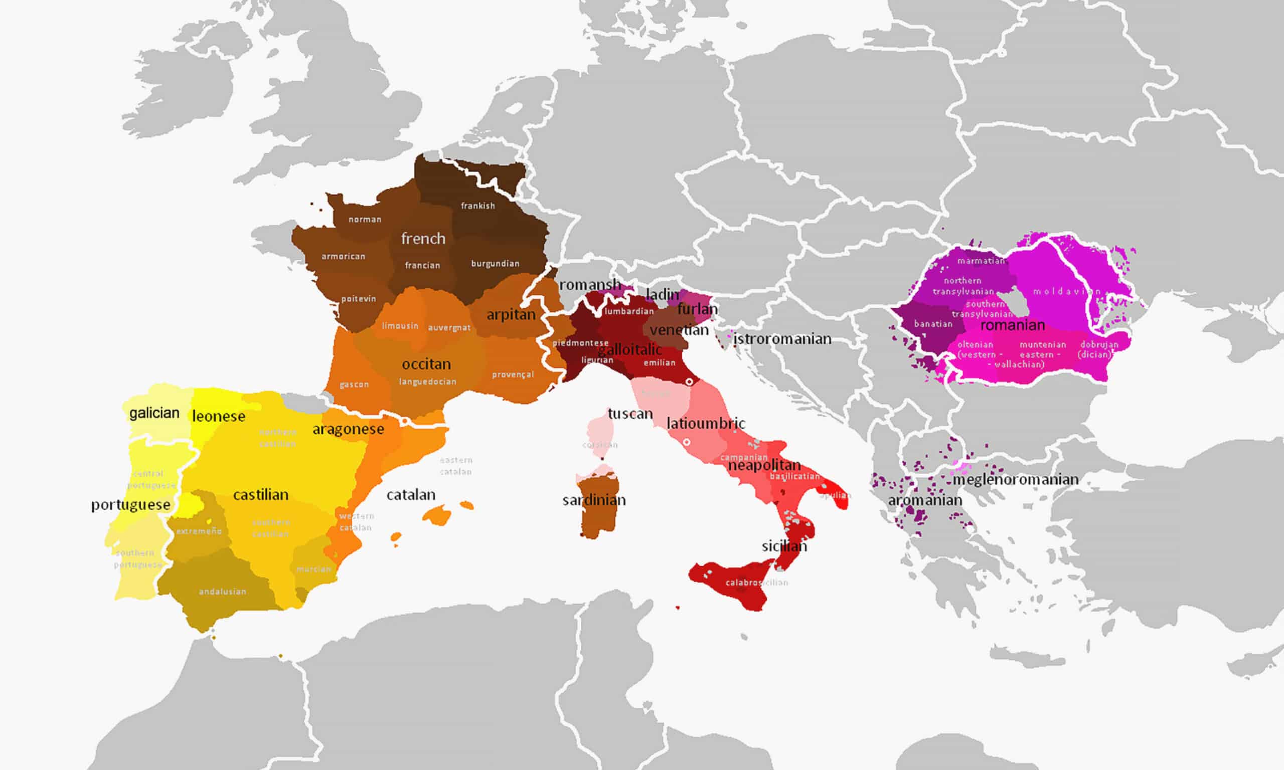 njoy costa brava romance languages map scaled Map of Europe showing the historical and current distribution of Romance languages, including Catalan, Spanish, French, Italian, and Romanian